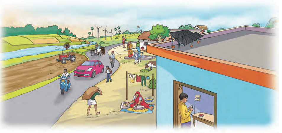 A village scene showing various energy uses: solar panels, wind turbines, farming, and daily chores.