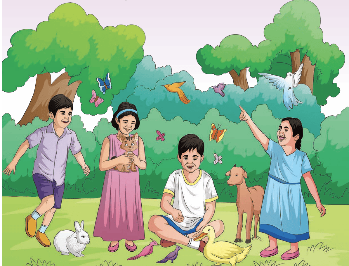 Children playing in nature with animals