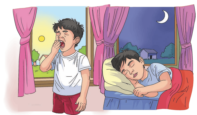 Boy waking up in the morning and sleeping at night