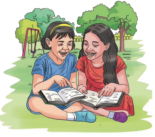 Two girls reading books in a park