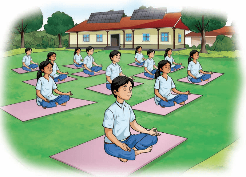 Students practicing yoga in school