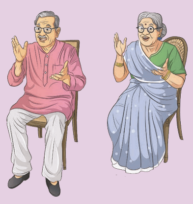 An elderly couple sitting and talking