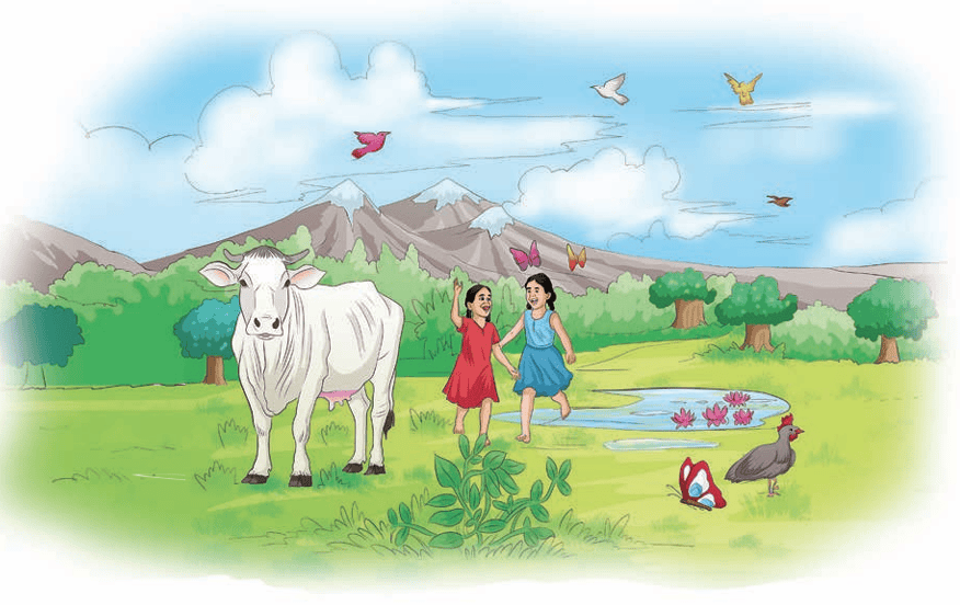Children playing in a nature landscape with a cow