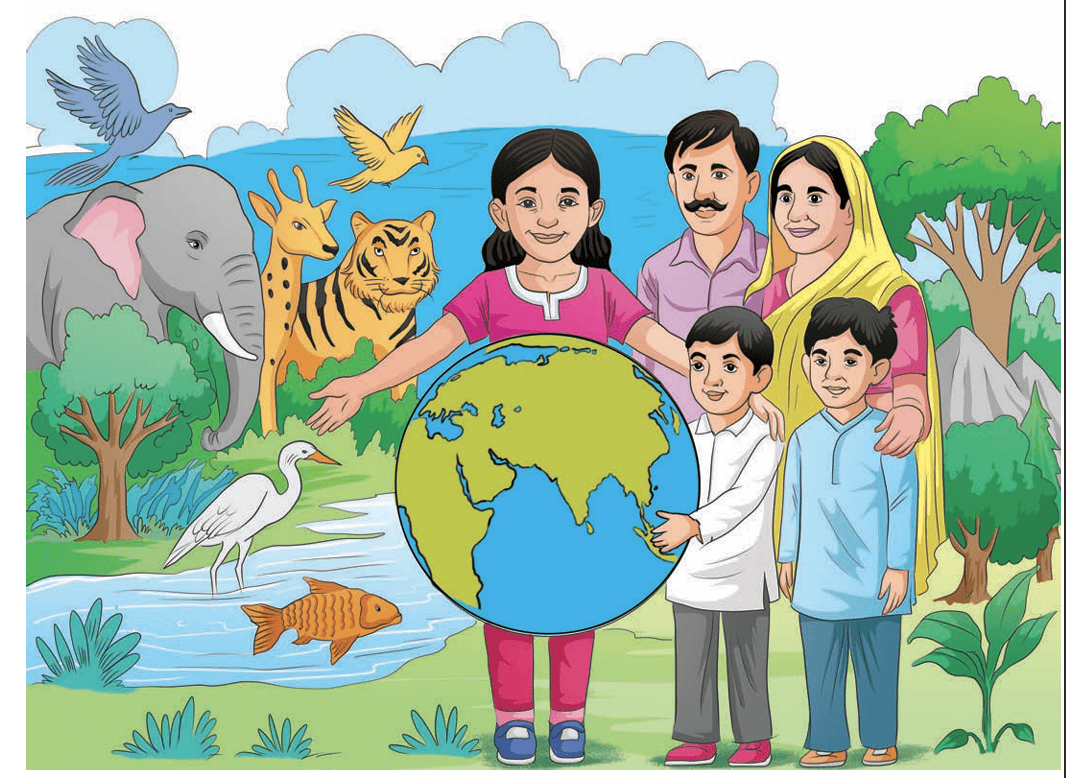 Family surrounding a globe with animals and nature