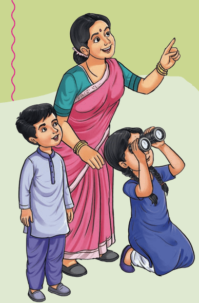 Mother and children using binoculars