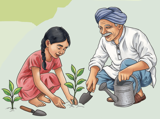 Grandfather and child planting saplings