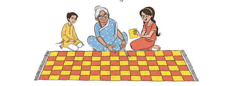 Grandmother and children making a square-patterned quilt