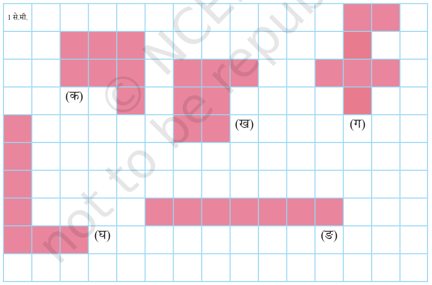 Centimeter grid showing pink shaded shapes labeled K, KH, G, GH, and D for perimeter comparison