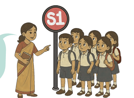 Teacher and students at bus stop S1