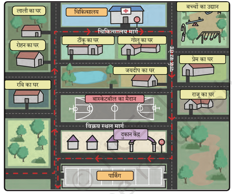 Detailed map showing bus routes, houses, and stops