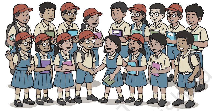 A group of students with some wearing hats, glasses, and holding books