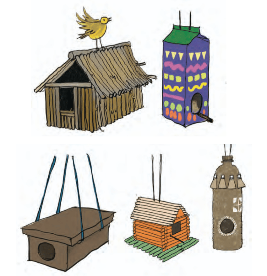 Bird houses made of various types of materials such as bamboo sticks, wood, used bottles, etc.