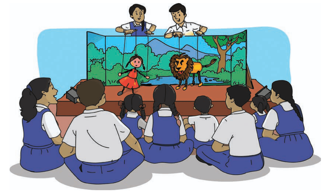 Students watching a puppet show