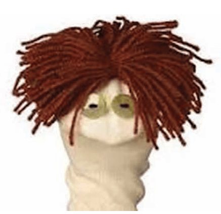 Sock puppets with hair stitched on with wool