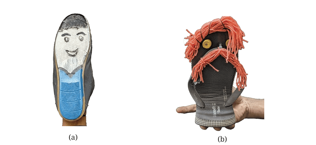 (a) Shoe puppet with face painted on the sole.(b) Slipper puppet with eyes made of cork and hair and moustache made of wool attached with glue and string.
