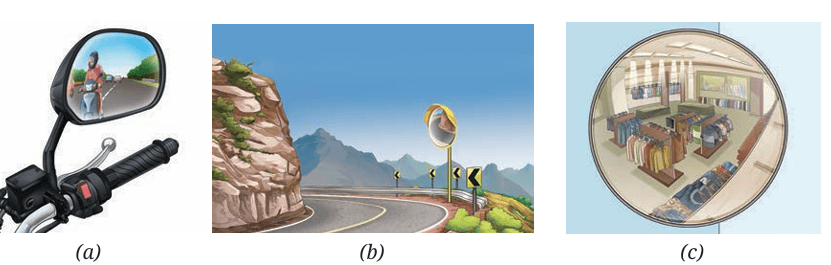  Fig. 10.7: Use of convex mirror as a (a) Side-view mirror; (b) Road safety mirror; (c) 
Surveillance mirror