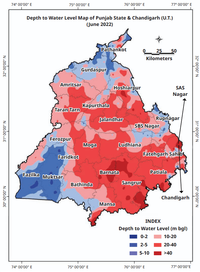 Fig 1.17. Depth to water level map of Punjab and Chandigarh, June 2022
(m bgl = metres below ground level)