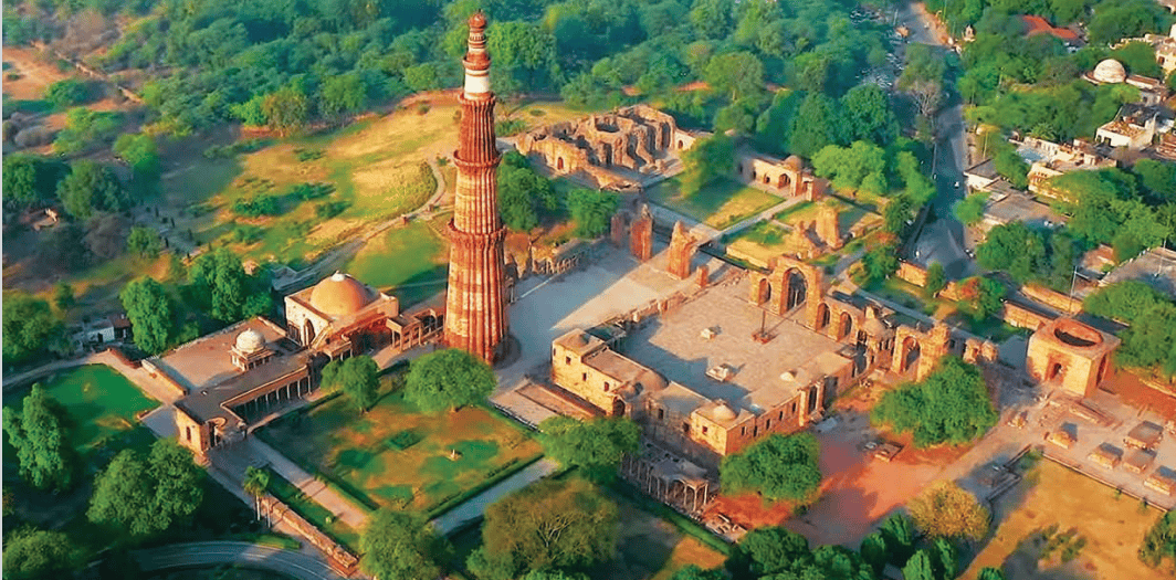 An aerial view of the Qutub Minar complex, Delhi