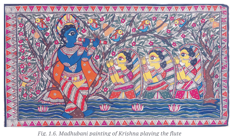 Madhubani painting of Krishna playing the flute