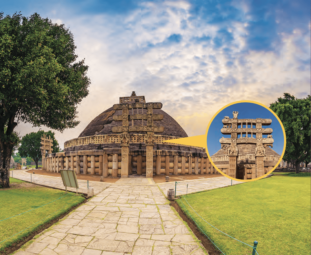 The Great Stupa at Sanchi with a detailed view of a Torana gateway