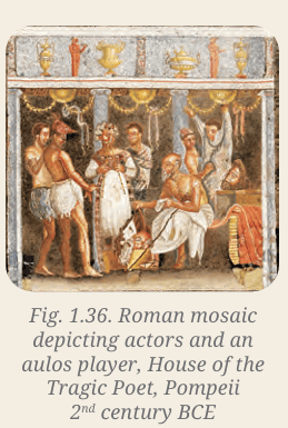 Roman mosaic depicting actors and an aulos player