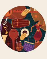 Circular illustration of musical instruments and dancing figures