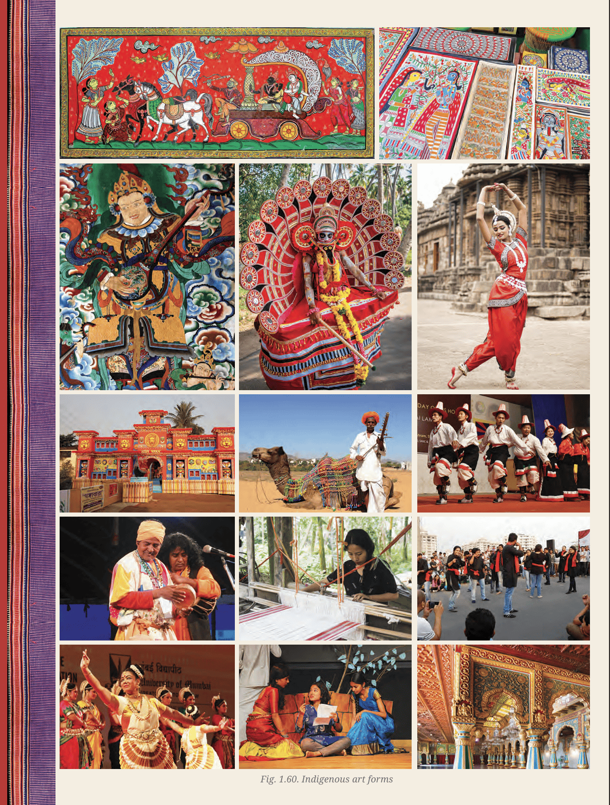 A collection of 14 images showcasing various indigenous Indian art forms including Pattachitra painting, Theyyam performance, Odissi dance, Baul music, weaving, and architecture.