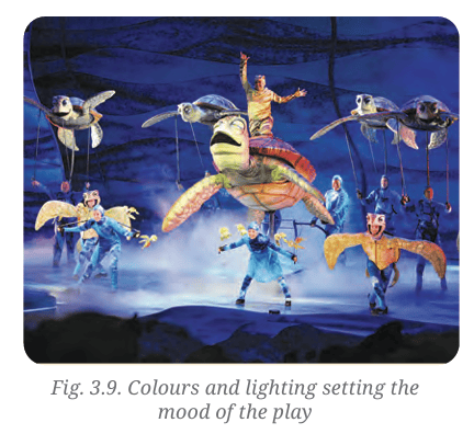 Stage with blue lighting and turtle puppets