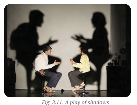 Two actors casting large shadows on a wall
