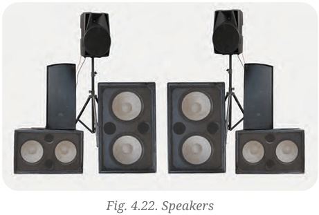 A variety of professional audio speakers arranged symmetrically on stands and the floor.