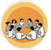 Illustration of a group of students sitting in a circle discussing.