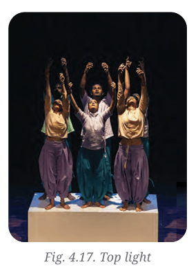 Actors on stage looking upwards under a direct overhead top light.