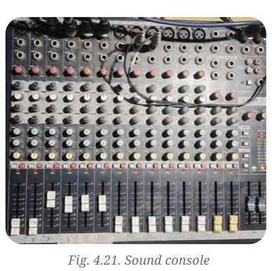 Top-down detailed view of an analog audio sound mixing console with numerous faders, knobs, and input jacks.