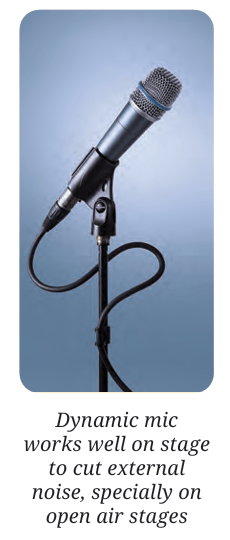 A classic handheld dynamic vocal microphone mounted on a microphone stand.
