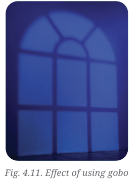 A blue background wall illuminated with light filtered through a gobo to create a window pane shadow pattern.