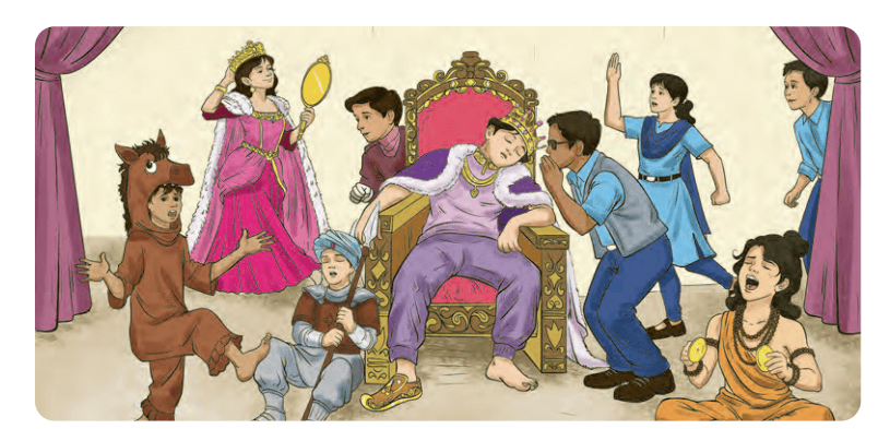 A group of students rehearsing a play with a king on a throne.