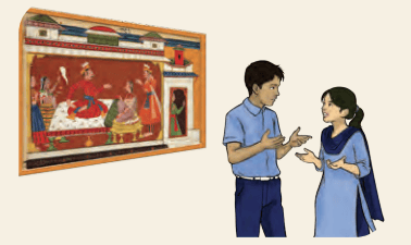 Illustration of students discussing a traditional Indian painting