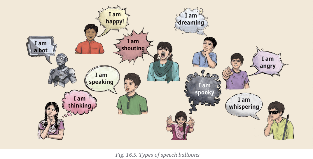 Illustration showing various types of speech balloons like happy, shouting, dreaming, spooky, and whispering