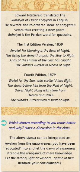 Edward FitzGerald translated The Rubaiyat of Omar Khayyam in English. He rewrote and re-ordered some of Khayyam’s verses thus creating a new poem. Rubaiyat is the Persian word for quatrains. The first Edition Version, 1859 Awake! For Morning is the Bowl of Night. Has flying the stone that puts the Stay to Flight And Lo! the Hunter of the East has caught The Sultan’s Turrent in Noose of Light. Fourth Edition, 1879 Wake! for the Sun, who scatter’d into flight The starts before him from the Field of Night, Drives Night along with them from Heav’n and stries The Sultan’s Turrent with a shaft of light. Which stanza according to you reads better and why? Have a discussion in the class. The above stanza can be interpreted as: Awaken from the unawareness you have been ‘educated’ into and let the dawn of awareness strangle the arrogance of mere knowledge. Let the strong light of wisdom, gentle at first, irradiate your consciousness.